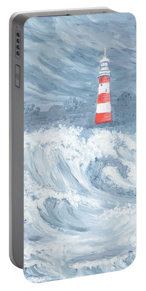 Lighthouse Portable Battery Charger featuring the painting Lighthouse in a Storm by Laura Richards