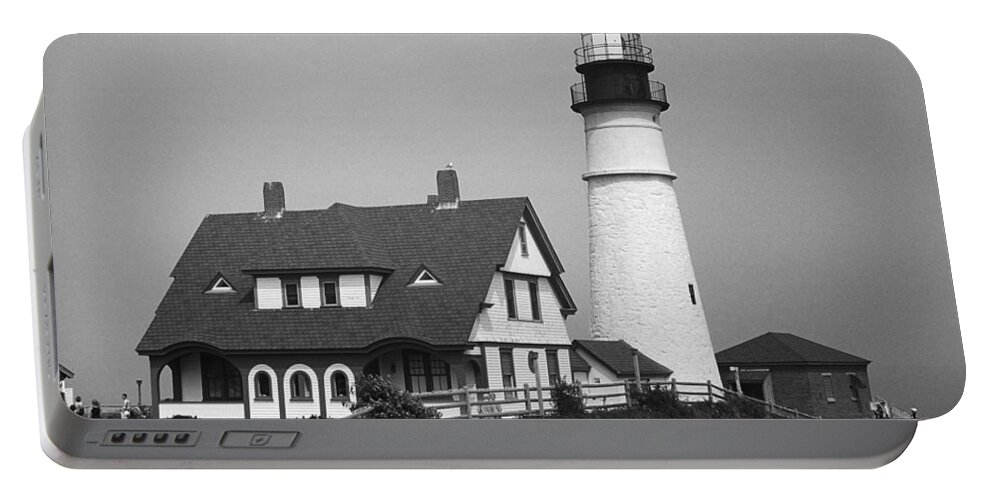 America Portable Battery Charger featuring the photograph Lighthouse - Portland Head, Maine 2 BW by Frank Romeo