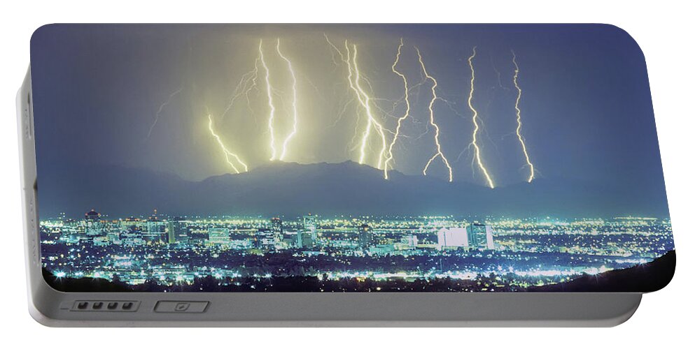 Phoenix Portable Battery Charger featuring the photograph Lightning Over Phoenix Arizona Panorama by James BO Insogna