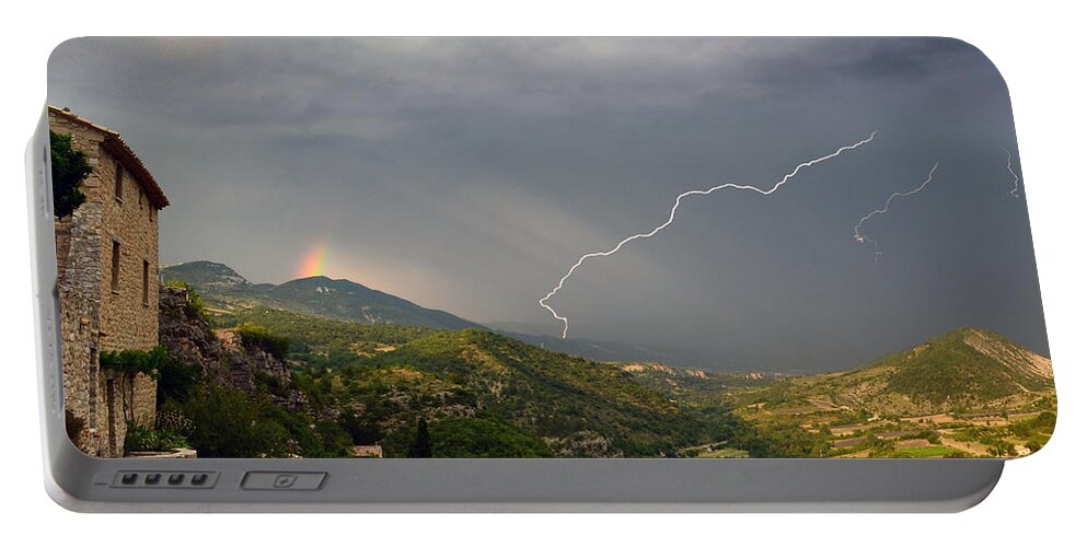 Lightning Portable Battery Charger featuring the photograph Lightning Rainbow Vercoiran France by Lawrence Knutsson