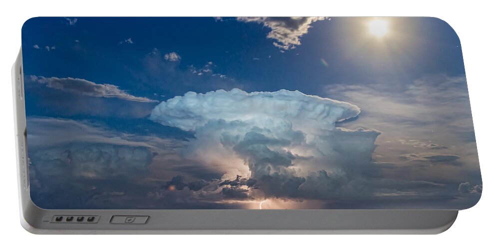 Storm Portable Battery Charger featuring the photograph Lightning Striking Thunderstorm and Full Moon Bright by James BO Insogna