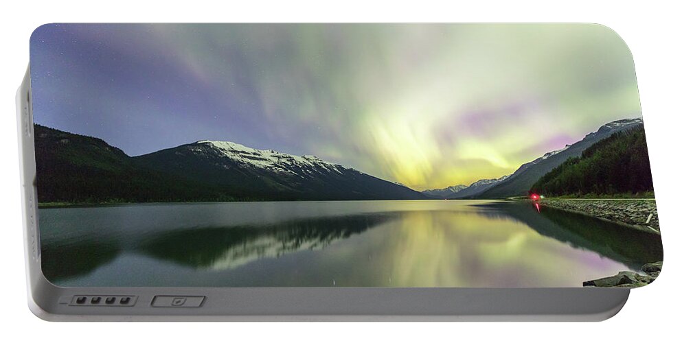 Photosbymch Portable Battery Charger featuring the photograph Lights Reflecting on Moose Lake by M C Hood
