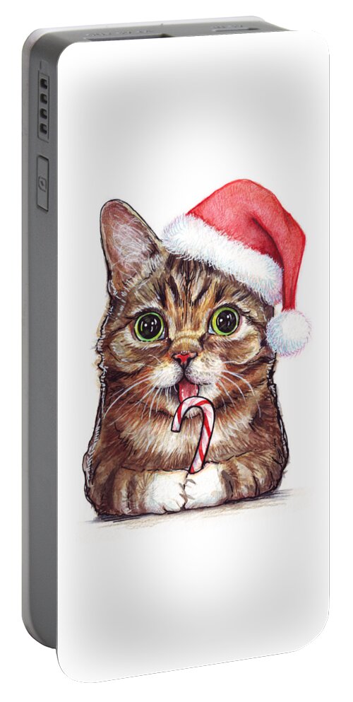 Lil Bub Portable Battery Charger featuring the painting Cat Santa Christmas Animal by Olga Shvartsur