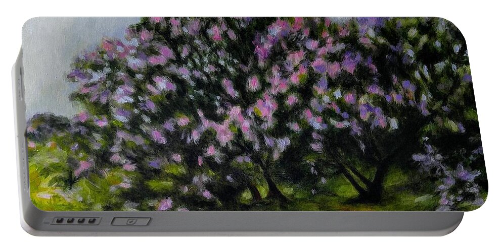 Lilacs. Flowers. Purple. Pink. Bushes Portable Battery Charger featuring the painting Lilacs for Alena by Alison Caltrider