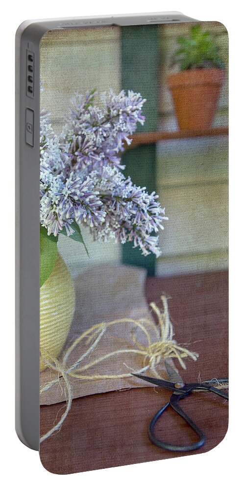 Lilacs Portable Battery Charger featuring the photograph Lilacs in Yellow Vase by Rebecca Cozart