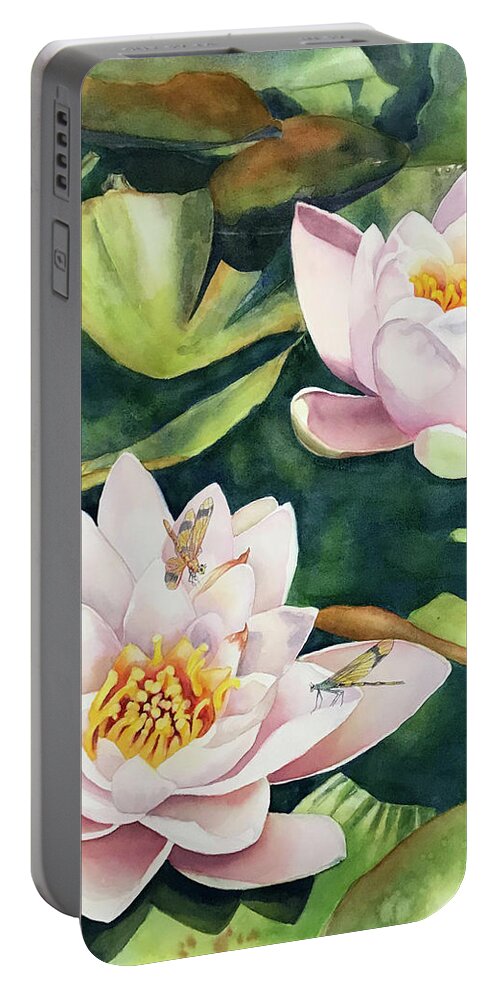 Lily Portable Battery Charger featuring the painting Lilies and Dragonflies by Hilda Vandergriff