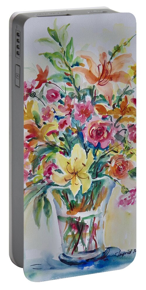 Flowers Portable Battery Charger featuring the painting Lilies and Roses by Ingrid Dohm