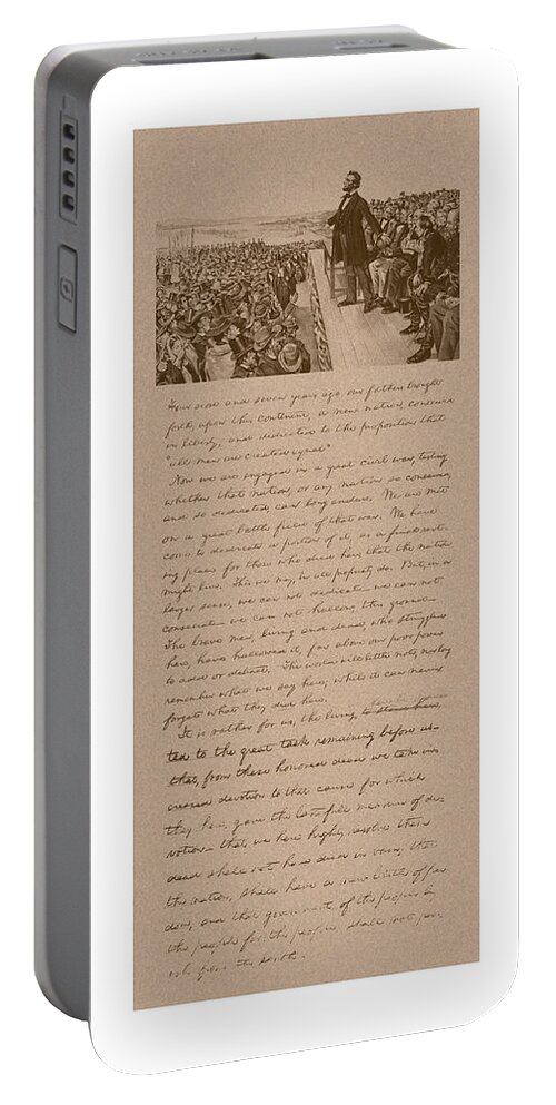 Abraham Lincoln Portable Battery Charger featuring the mixed media Lincoln and The Gettysburg Address by War Is Hell Store