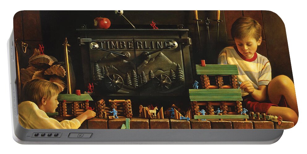 Fireplace Portable Battery Charger featuring the painting Lincoln Logs by Greg Olsen