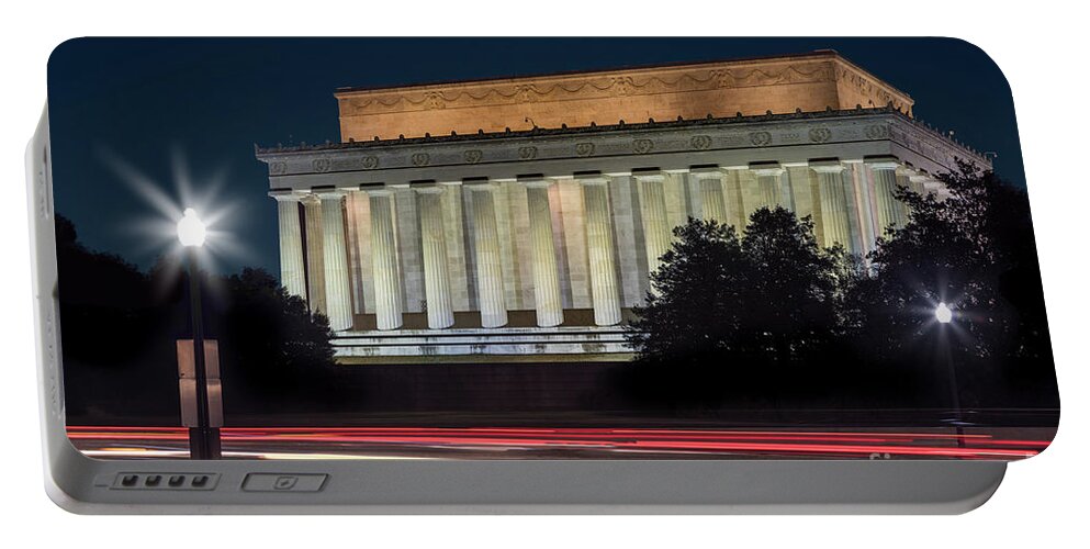 Architecture Portable Battery Charger featuring the photograph Lincoln Memorial and Car Light Trails by Jerry Fornarotto