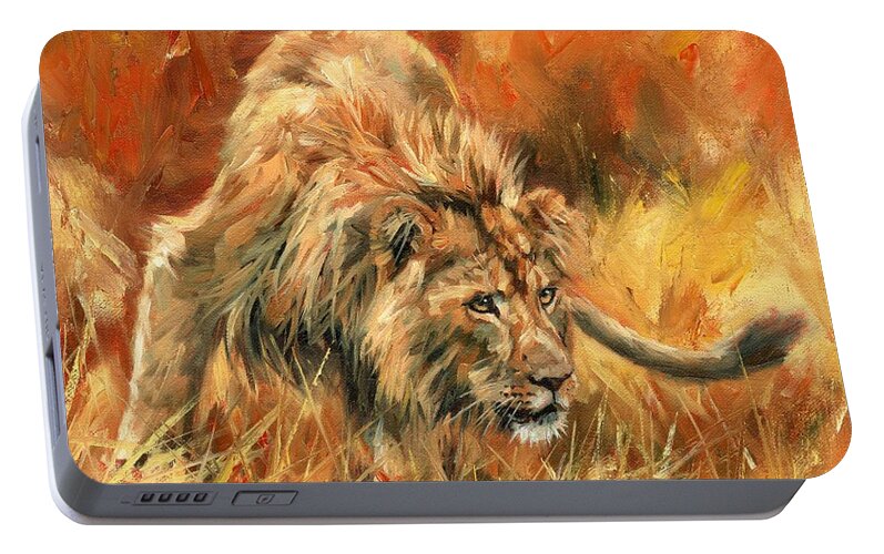 Lion Portable Battery Charger featuring the painting Lion Alert by David Stribbling