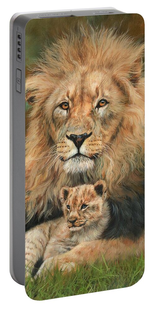 Lion Portable Battery Charger featuring the painting Lion And Cub by David Stribbling