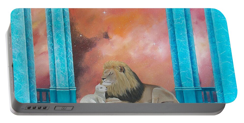 Lion Portable Battery Charger featuring the painting Lion and Lamb by Tracey Goodwin