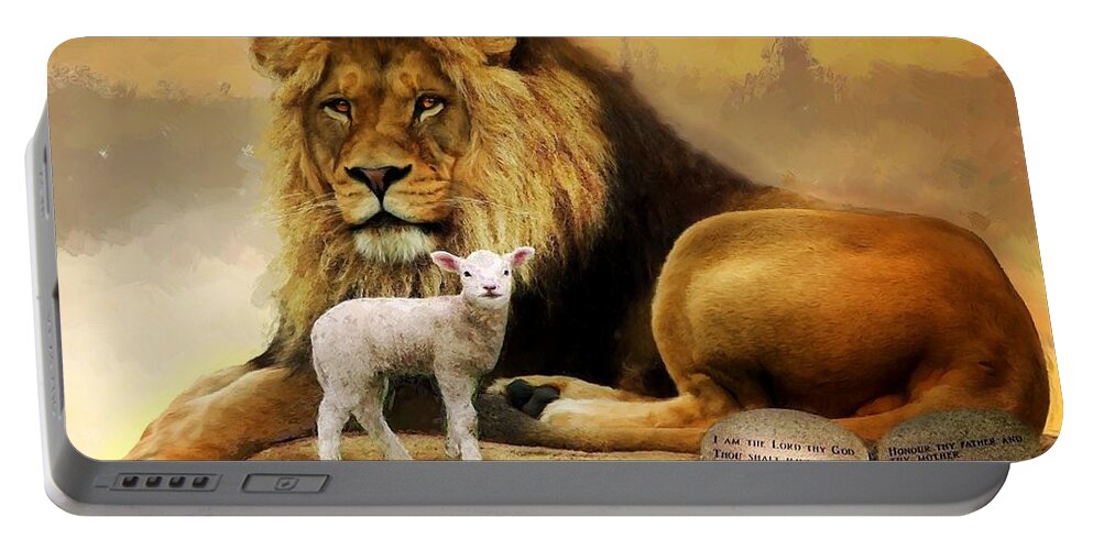 Lion And The Lamb Portable Battery Charger featuring the mixed media Lion and the lamb by Carl Gouveia
