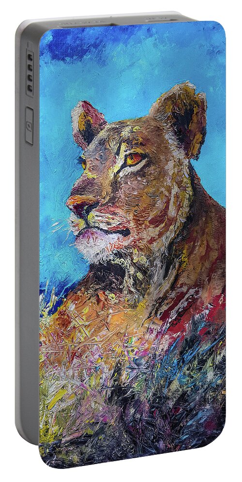 Cat Portable Battery Charger featuring the painting Lioness Pride by Anthony Mwangi