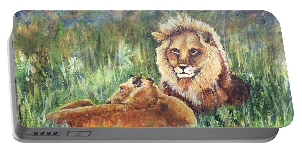 Lions Portable Battery Charger featuring the painting Lions Resting by Janis Lee Colon