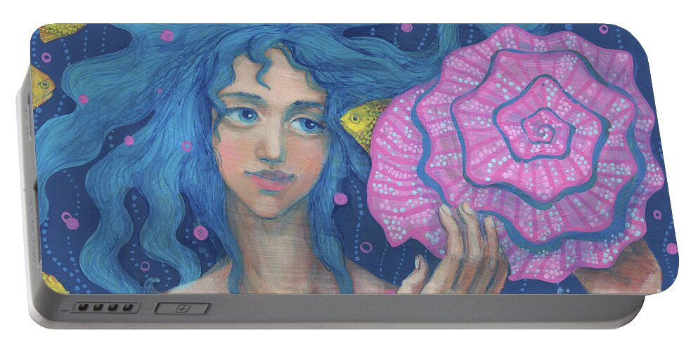 Mermaid Portable Battery Charger featuring the painting Listening to the Sea by Julia Khoroshikh