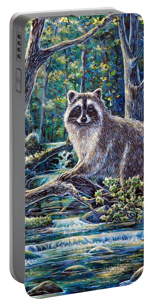 Animal Nature Raccoon Stream Pond Forest Fishing Trees Portable Battery Charger featuring the painting Little Bandit by Gail Butler