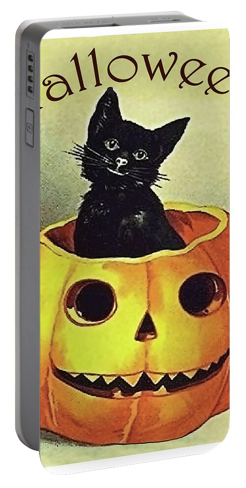 Little Cat Portable Battery Charger featuring the mixed media Little black cat inside carved pumpkin by Long Shot