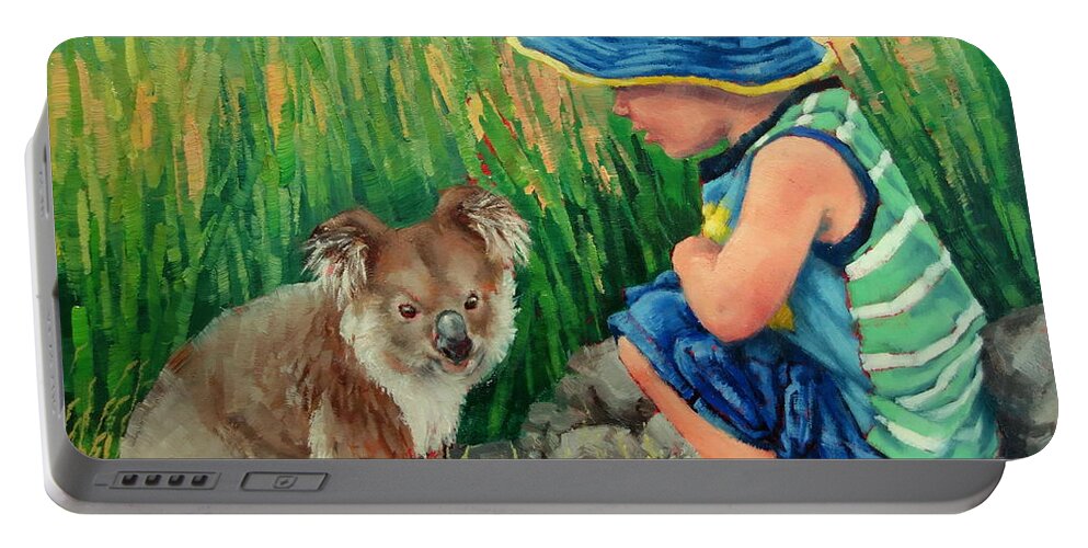 Child Painting Portable Battery Charger featuring the painting Little Friends by Margaret Stockdale