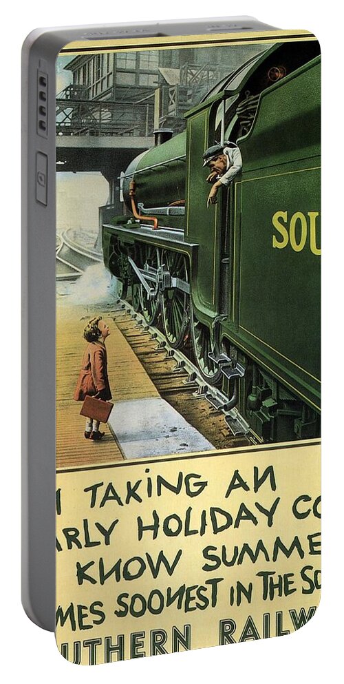 Little Girl On A Train Portable Battery Charger featuring the painting Little Girl boarding a Train - Vintage Steam Locomotive - Advertising Poster for Southern Railway by Studio Grafiikka