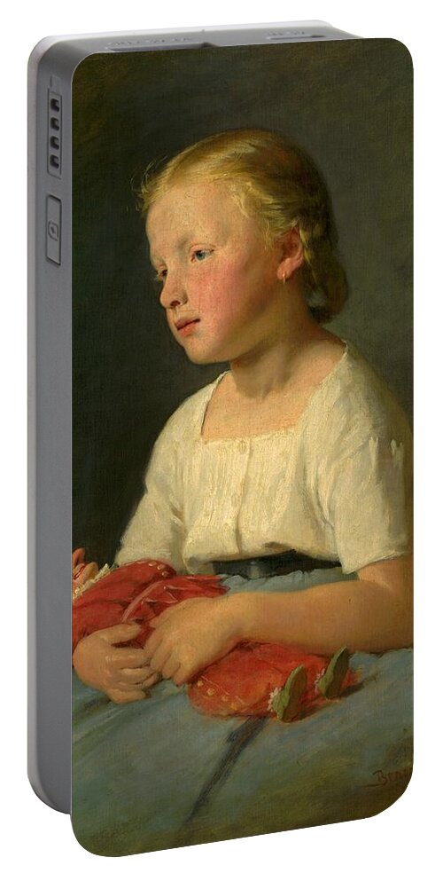 Portrait Portable Battery Charger featuring the painting Little girl with a doll, Gyula Benczur 1863 by Vincent Monozlay