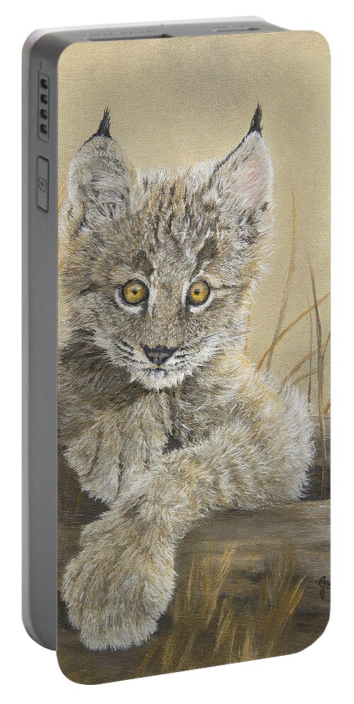Canadian Lynx Portable Battery Charger featuring the painting Little Inquisitive One - Canadian Lynx by Johanna Lerwick