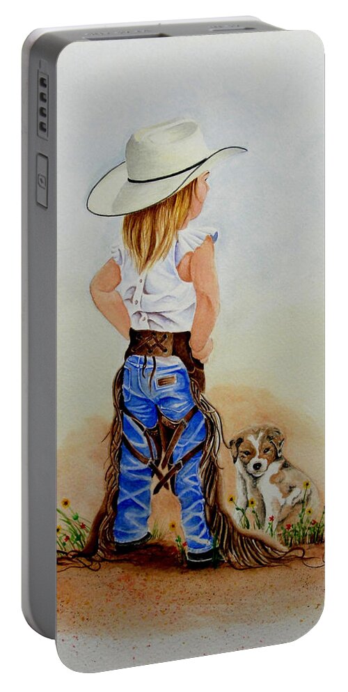 Western Portable Battery Charger featuring the painting Little Miss Big Britches by Jimmy Smith