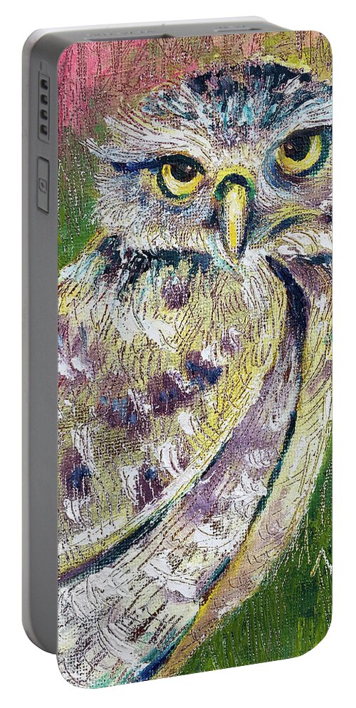 Owl Portable Battery Charger featuring the painting Little Owl by AnneMarie Welsh