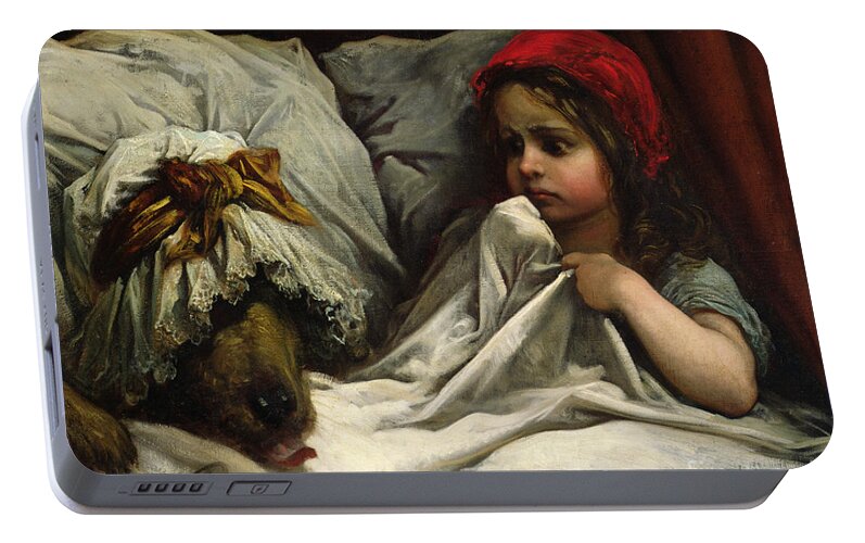 Wolf; Disguise; Child; Girl; Fairy Tale; Story; Glasses; Bed; Nightcap; Fear Portable Battery Charger featuring the painting Little Red Riding Hood by Gustave Dore