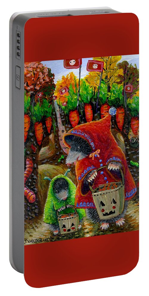 Mole Portable Battery Charger featuring the painting Little Red Riding Mole and Little Green Monster Mole by Jacquelin L Vanderwood Westerman