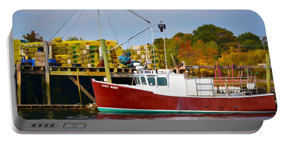 Dave Thompsen Photography Portable Battery Charger featuring the photograph Lobster Boat Early Dawn by David Thompsen
