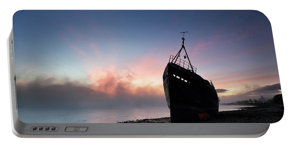 Sunset Portable Battery Charger featuring the photograph Loch Linnhe Misty Shipwreck by Grant Glendinning
