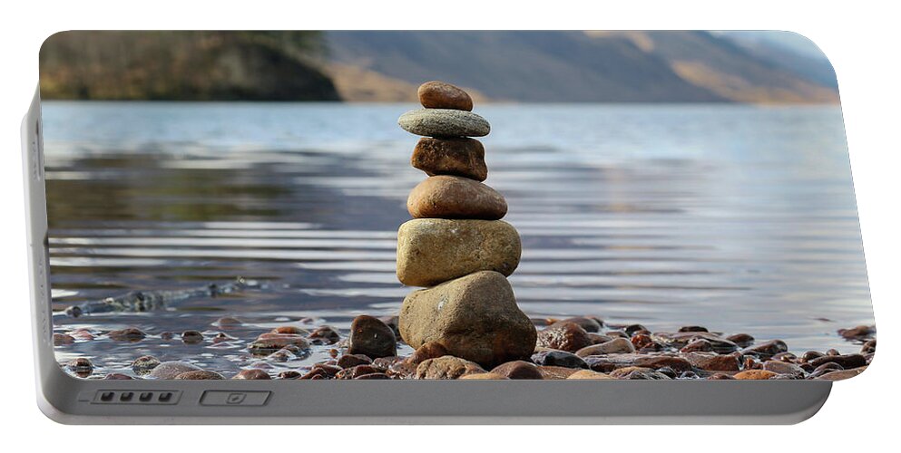 Stones Portable Battery Charger featuring the photograph Loch Shiel Stacked Stones by Holly Ross