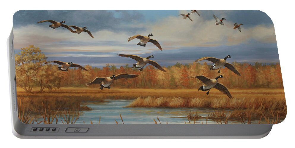Canada Geese Portable Battery Charger featuring the painting Locked Up by Guy Crittenden