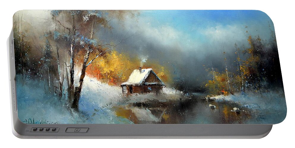 Russian Artists New Wave Portable Battery Charger featuring the painting Lodge in the Winter Forest by Igor Medvedev