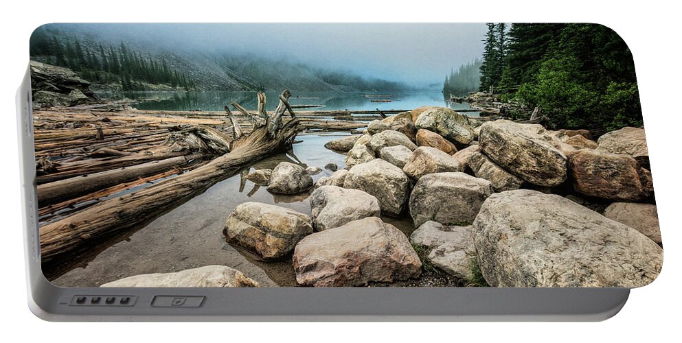 Joan Carroll Portable Battery Charger featuring the photograph Logs and Boulders Moraine Lake Banff by Joan Carroll