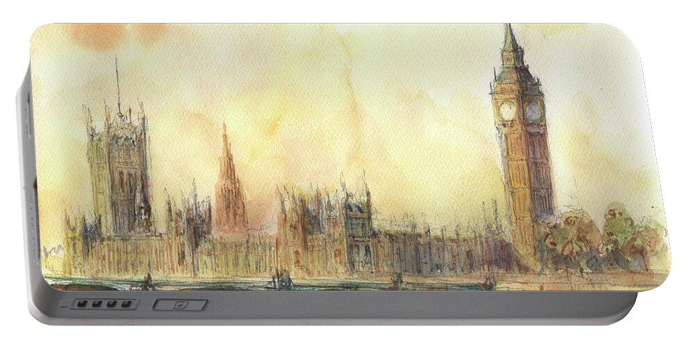 London Big Ben Portable Battery Charger featuring the painting London Big Ben and Thames river by Juan Bosco