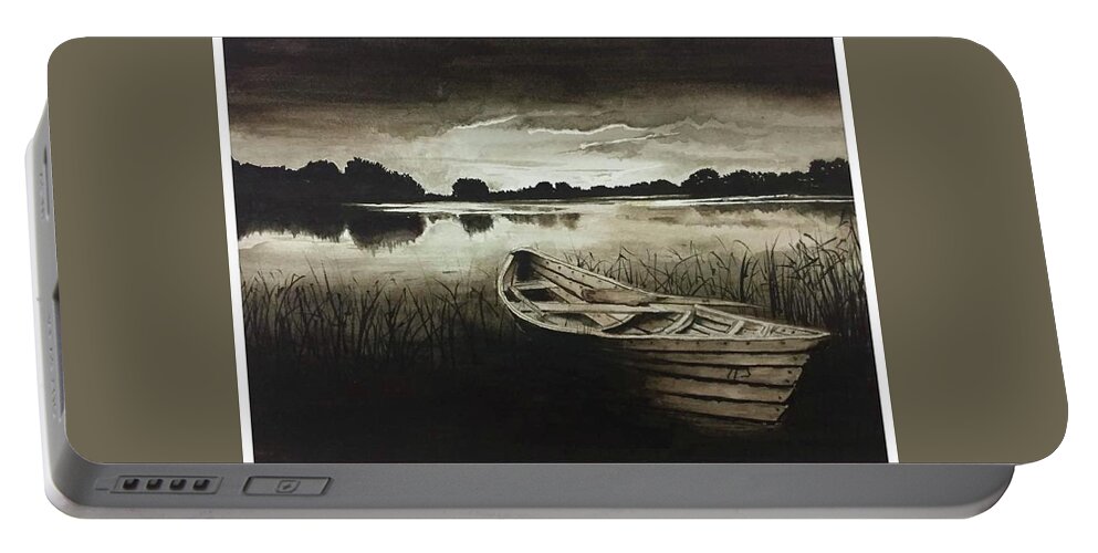 Boats Portable Battery Charger featuring the painting Lonely boat by George Jacob