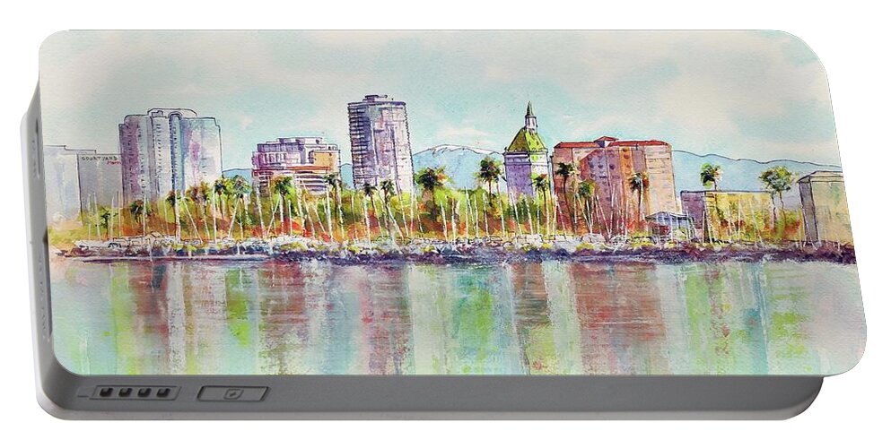 Long Beach Portable Battery Charger featuring the painting Long Beach Coastline Reflections by Debbie Lewis