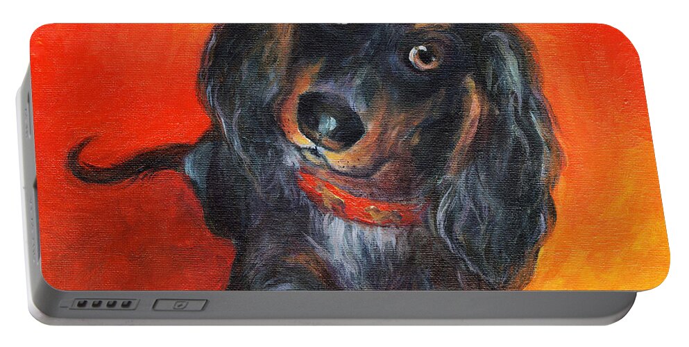 Long-haired Portable Battery Charger featuring the painting Long haired Dachshund dog puppy Portrait painting by Svetlana Novikova