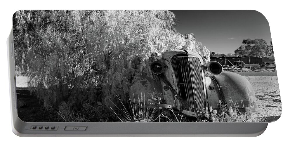 Broken Hill Nsw New South Wales Australian Old Car Pepper Tree Monochrome Mono B&w Black And White Portable Battery Charger featuring the photograph Long Term Parking by Bill Robinson