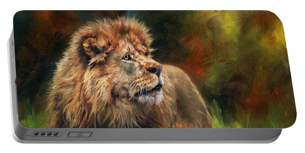 Lion Portable Battery Charger featuring the painting Look of the Lion by David Stribbling