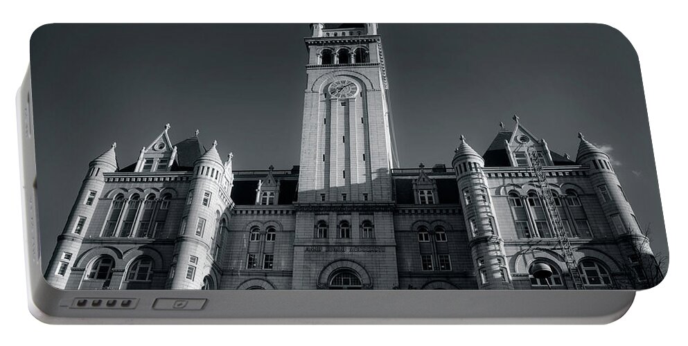 Trump International Hotel Portable Battery Charger featuring the photograph Looking Up At The Trump Hotel In Black and White by Greg and Chrystal Mimbs
