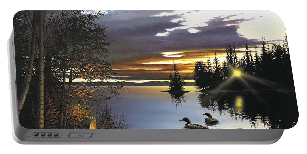 Loon Portable Battery Charger featuring the painting Loon Lake by Anthony J Padgett