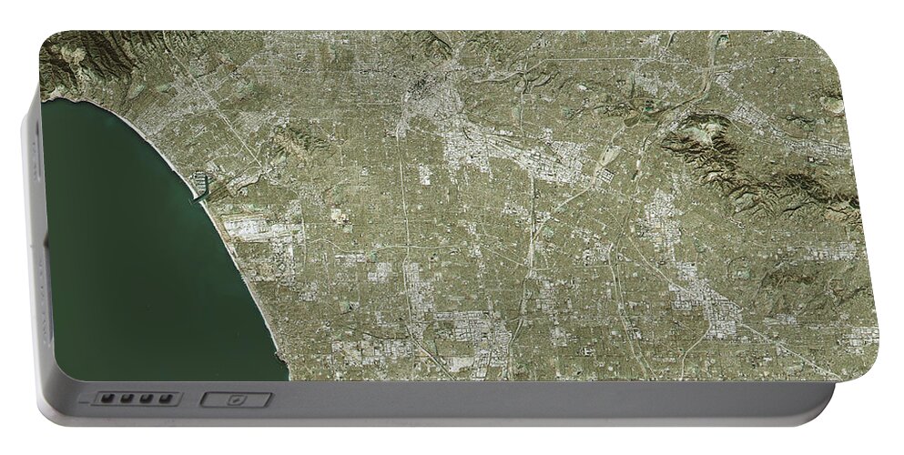 Los Angeles Portable Battery Charger featuring the digital art Los Angeles Topographic Map Natural Color Top View by Frank Ramspott