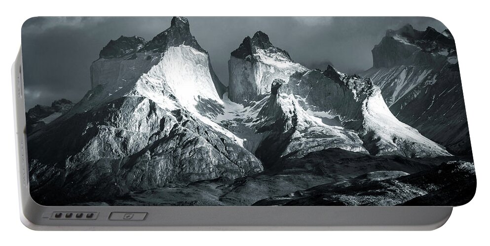 Mountain Portable Battery Charger featuring the photograph Los Cuernos in Black and White by Andrew Matwijec