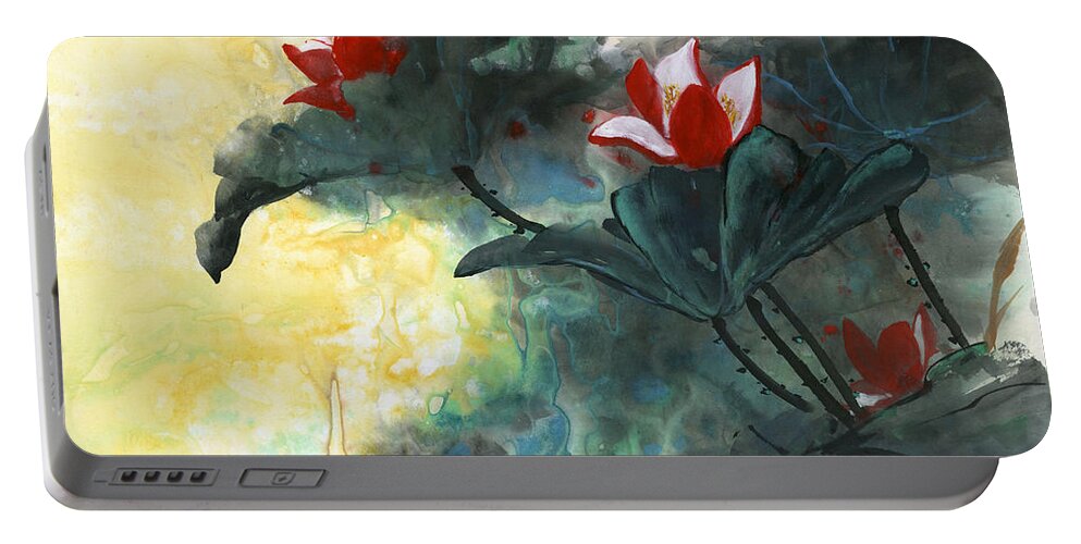 Lotus Portable Battery Charger featuring the painting Lotus Dreams by Charlene Fuhrman-Schulz