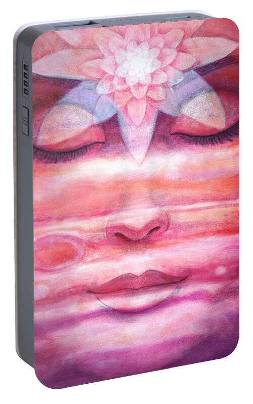 Lotus Portable Battery Charger featuring the painting Lotus Meditation, Jupiter Clouds by Sue Halstenberg