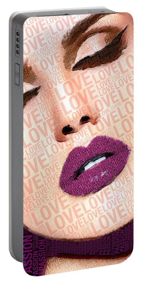 Woman Portable Battery Charger featuring the painting Love And Passion Portrait Of A Woman With Words Purple by Tony Rubino